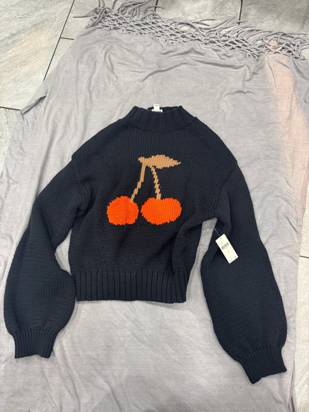 Maeve Black Sweater with Orange Cherry Motif